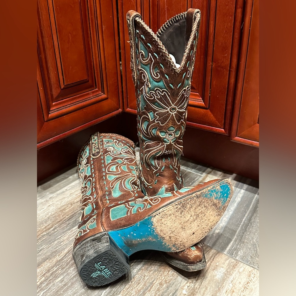 Lane Robin Brown Turquoise Floral Cowboy Boots Birds RARE Wedding Rodeo Cowgirl - Picture 5 of 7